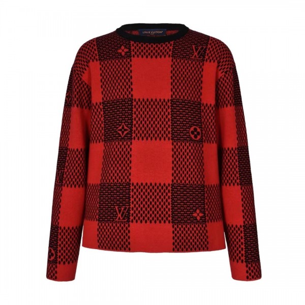 「#3560」Louis Vuitton 24fw black and red checkered jacquard crew neck sweater