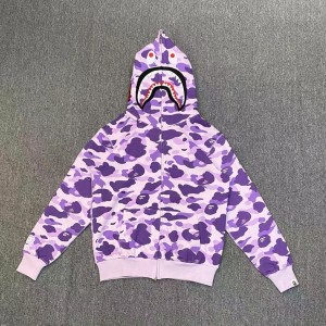 「#3821」bape purple camouflage classic shark zipper sweatshirt