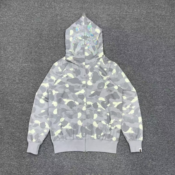 「#3823」bape luminous camouflage laser shark hooded zip-up sweatshirt