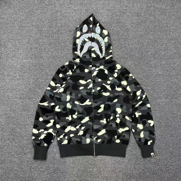 「#3824」bape luminous camouflage laser shark hooded zip-up sweatshirt