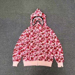 「#3825」bape pink camouflage classic shark zipper sweatshirt