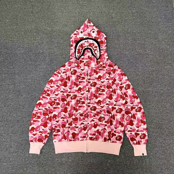 「#3825」bape pink camouflage classic shark zipper sweatshirt