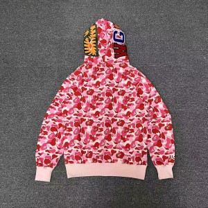 「#3825」bape pink camouflage classic shark zipper sweatshirt