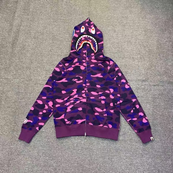 「#3829」bape camouflage purple classic shark zipper sweatshirt