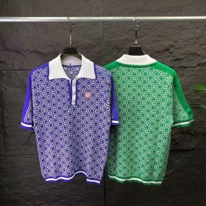 「#4065」casablanca2024 new full print jacquard knitted short-sleeved pearl button polo shirt