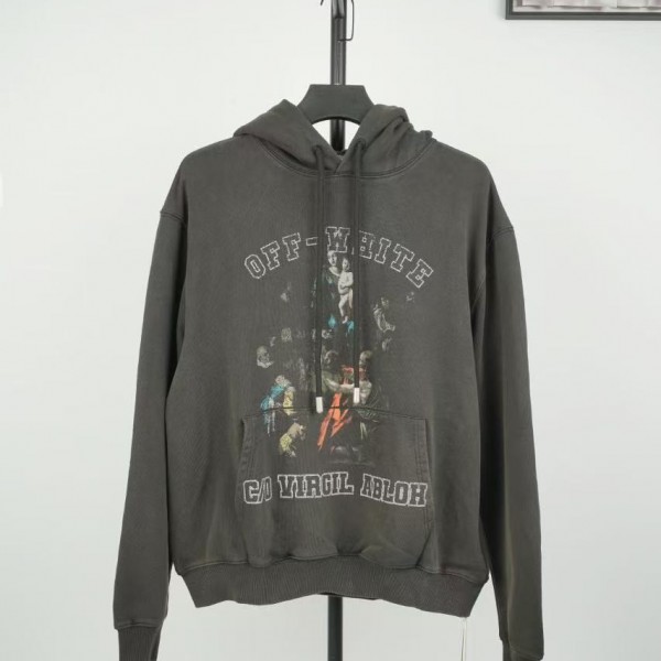 「#4217」offwhite hooded sweatshirt with psalm and Madonna print on chest