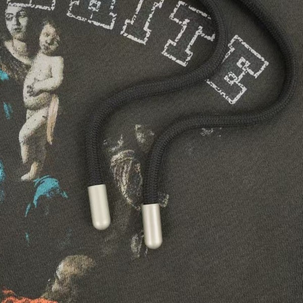 offwhite hooded sweatshirt with psalm and Madonna print on chest