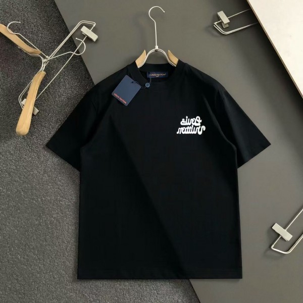 「#4254」Louis Vuitton SpringSummer Black Letters Front and Back Echo Letters Offset Printed T-shirt