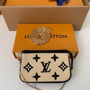 「#1275」Louis Vuitton New Lafite Cotton Embroidery MINI POCHETTE ACCESSOIRES Hand Chain Small Bag M82472