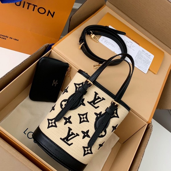 Louis Vuitton New Lafite Cotton Embroidered NANO BUCKET Handbag M82418 Size: 13 * 17 * 9cm
