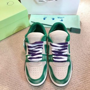「#4425」Off-White Arrow stitching green brushed leather distressed sneakers