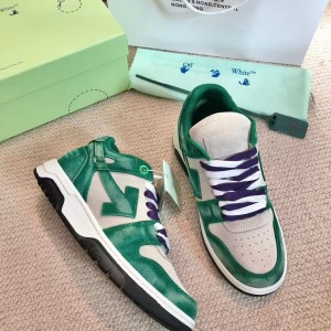 「#4425」Off-White Arrow stitching green brushed leather distressed sneakers