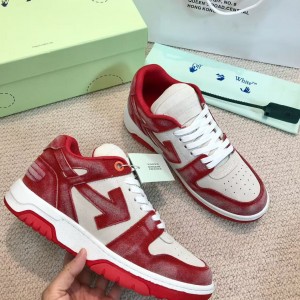 「#4426」Off-White arrow stitching red frosted leather distressed sneakers