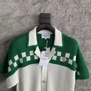 「#4457」Casablanca Green Cotton High Density Knit, Woven Plaid Sweater T-Shirt