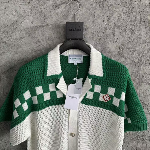 Casablanca Green Cotton High Density Knit, Woven Plaid Sweater T-Shirt