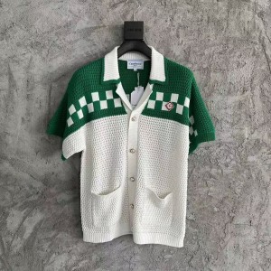 「#4457」Casablanca Green Cotton High Density Knit, Woven Plaid Sweater T-Shirt