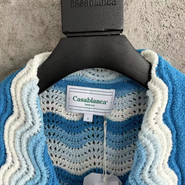 Casablanca blue cotton high-density knitted, water ripple gradient sweater T-shirt