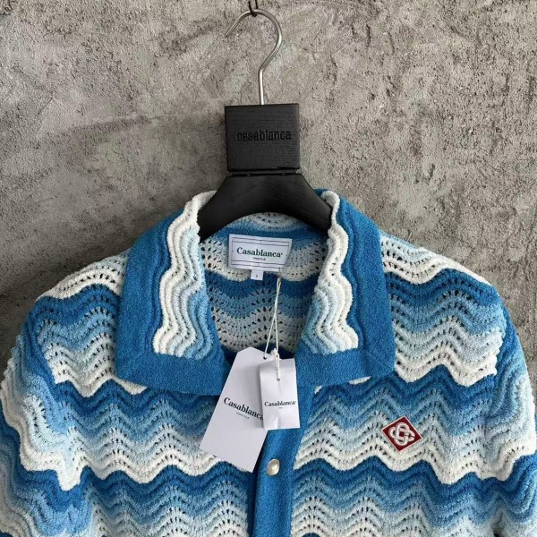 Casablanca blue cotton high-density knitted, water ripple gradient sweater T-shirt