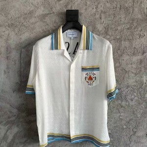 「#4485」CASABLANCA White silk jacquard T-shirt with orange pattern