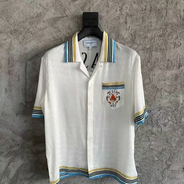 「#4485」CASABLANCA White silk jacquard T-shirt with orange pattern