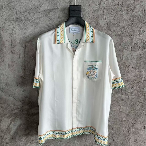 「#4508」CASABLANCA White silk T-shirt with tennis racket pattern