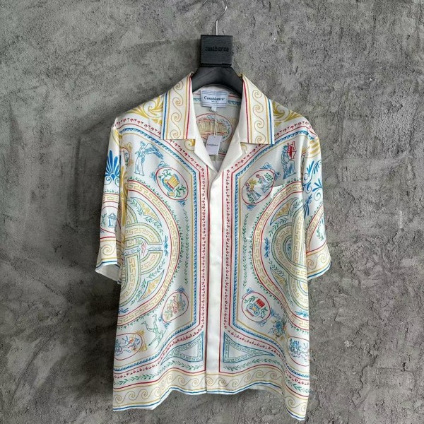 「#4518」CASABLANCA White linen T-shirt with totem pattern