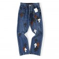 「#4693」Chrome Hearts Black White Brown Suede Cross Blue Jeans