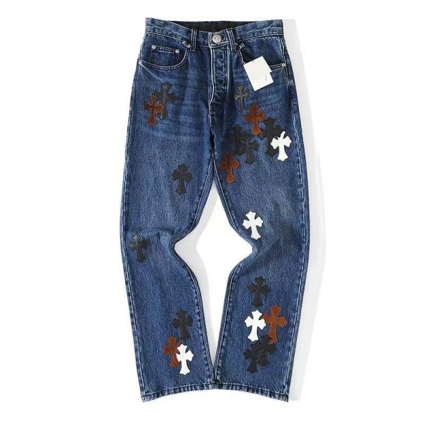 「#4693」Chrome Hearts Black White Brown Suede Cross Blue Jeans