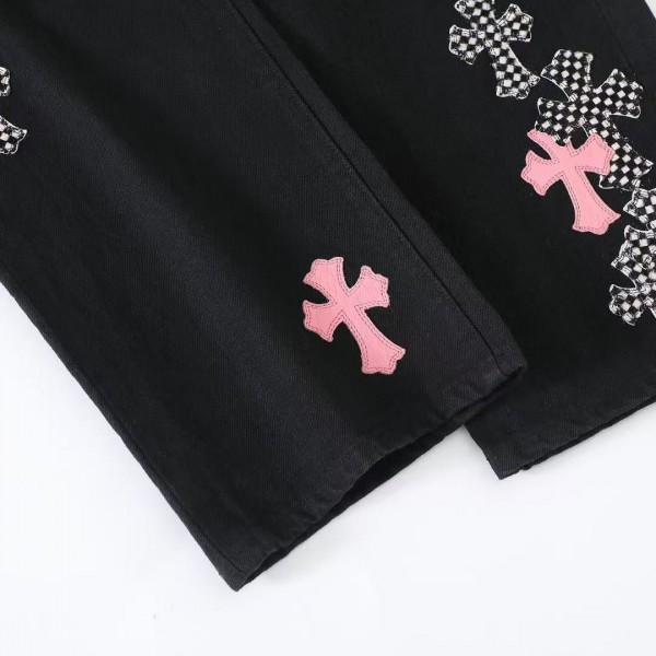 Chrome Hearts pink cross checkerboard trousers