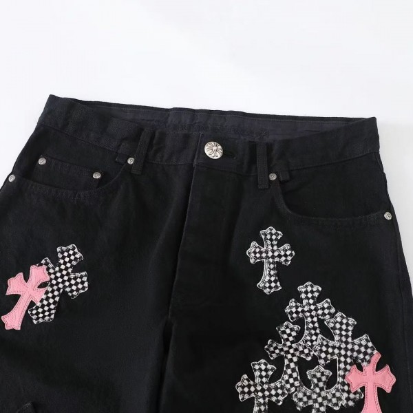 Chrome Hearts pink cross checkerboard trousers