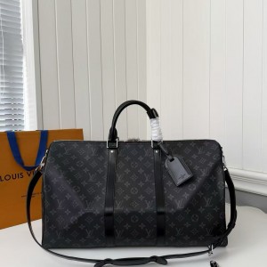 「#4768」New KEEPALL BANDOULIÈRE 50 black check travel bag N14202