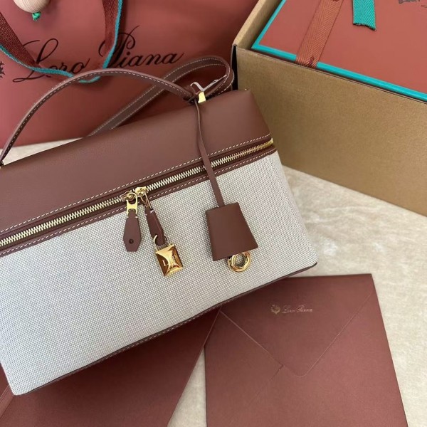 Loro Piana new counter wine red leather with canvas handbag crossbody bag size: 27*1*10cm