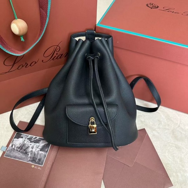 「#4774」loro piana extra black imported cowhide drawstring backpack, size: 25*27*14cm