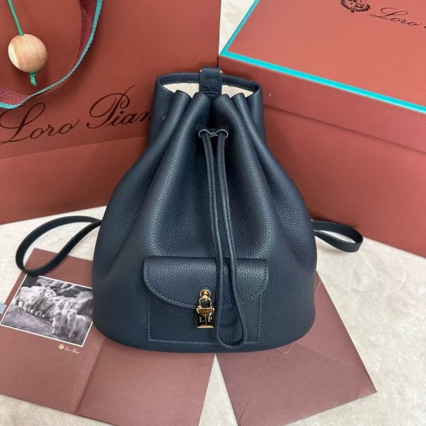 「#4777」loro piana extra dark blue imported cowhide drawstring backpack, size: 25*27*14cm