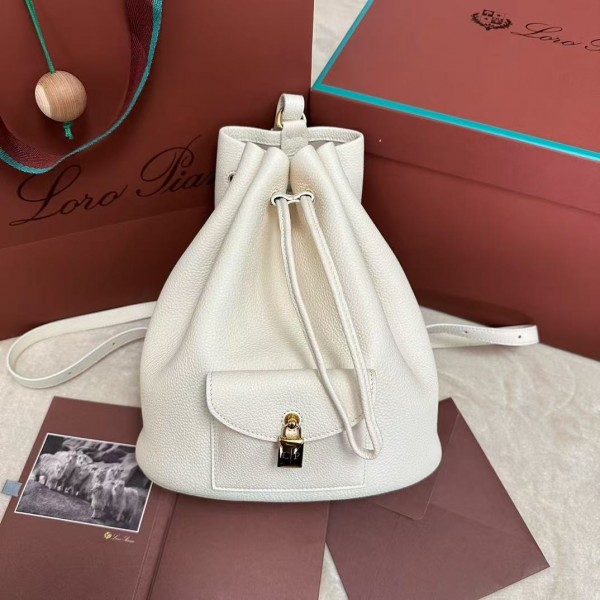 「#4778」loro piana extra white imported cowhide drawstring backpack, size: 25*27*14cm