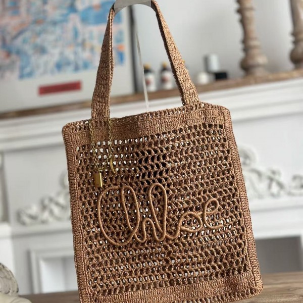 「#4838」chloe spring and summer new SUMMER BANANA dopamine color brown pure handmade straw woven bag Size: 3