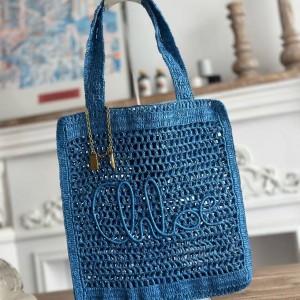 「#4840」chloe spring and summer new SUMMER BANANA dopamine color blue pure handmade straw woven bag Size: 33