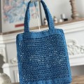 「#4840」chloe spring and summer new SUMMER BANANA dopamine color blue pure handmade straw woven bag Size: 33