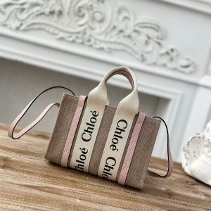 「#4842」Chloe Woody linen pure cotton canvas and glossy small dough, pink casual bag mini: 20*14*6cm