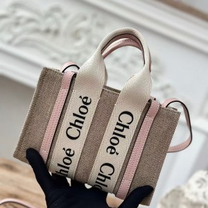 「#4842」Chloe Woody linen pure cotton canvas and glossy small dough, pink casual bag mini: 20*14*6cm
