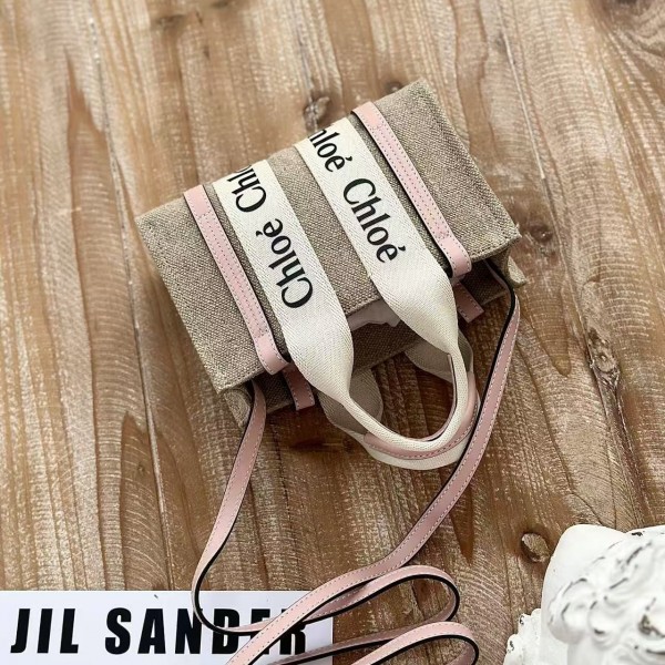 Chloe Woody linen pure cotton canvas and glossy small dough, pink casual bag mini: 20*14*6cm