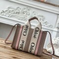「#4843」Chloe Woody linen pure cotton canvas and glossy crust, pink casual bag Small: 26.5*20*8cm