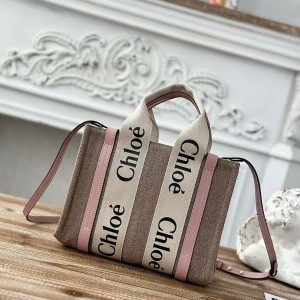 「#4843」Chloe Woody linen pure cotton canvas and glossy crust, pink casual bag Small: 26.5*20*8cm