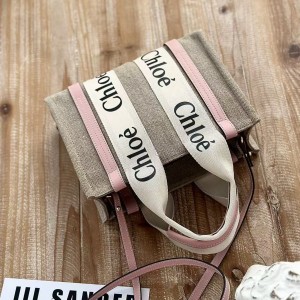 「#4843」Chloe Woody linen pure cotton canvas and glossy crust, pink casual bag Small: 26.5*20*8cm