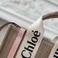 「#4843」Chloe Woody linen pure cotton canvas and glossy crust, pink casual bag Small: 26.5*20*8cm