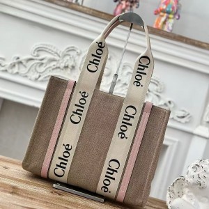 「#4844」Chloe Woody linen pure cotton canvas and glossy small dough, pink casual bag Medium size: 37*26*12cm