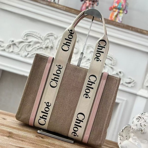 「#4844」Chloe Woody linen pure cotton canvas and glossy small dough, pink casual bag Medium size: 37*26*12cm