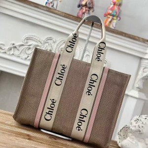 「#4845」Chloe Woody linen pure cotton canvas and glossy small dough, pink casual bag Large size: 45*33*13cm