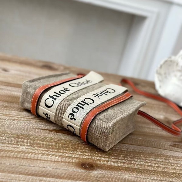 Chloe Woody linen pure cotton canvas and glossy small dough, orange casual bag mini: 20*14*6cm