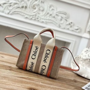 「#4846」Chloe Woody linen pure cotton canvas and glossy small dough, orange casual bag mini: 20*14*6cm